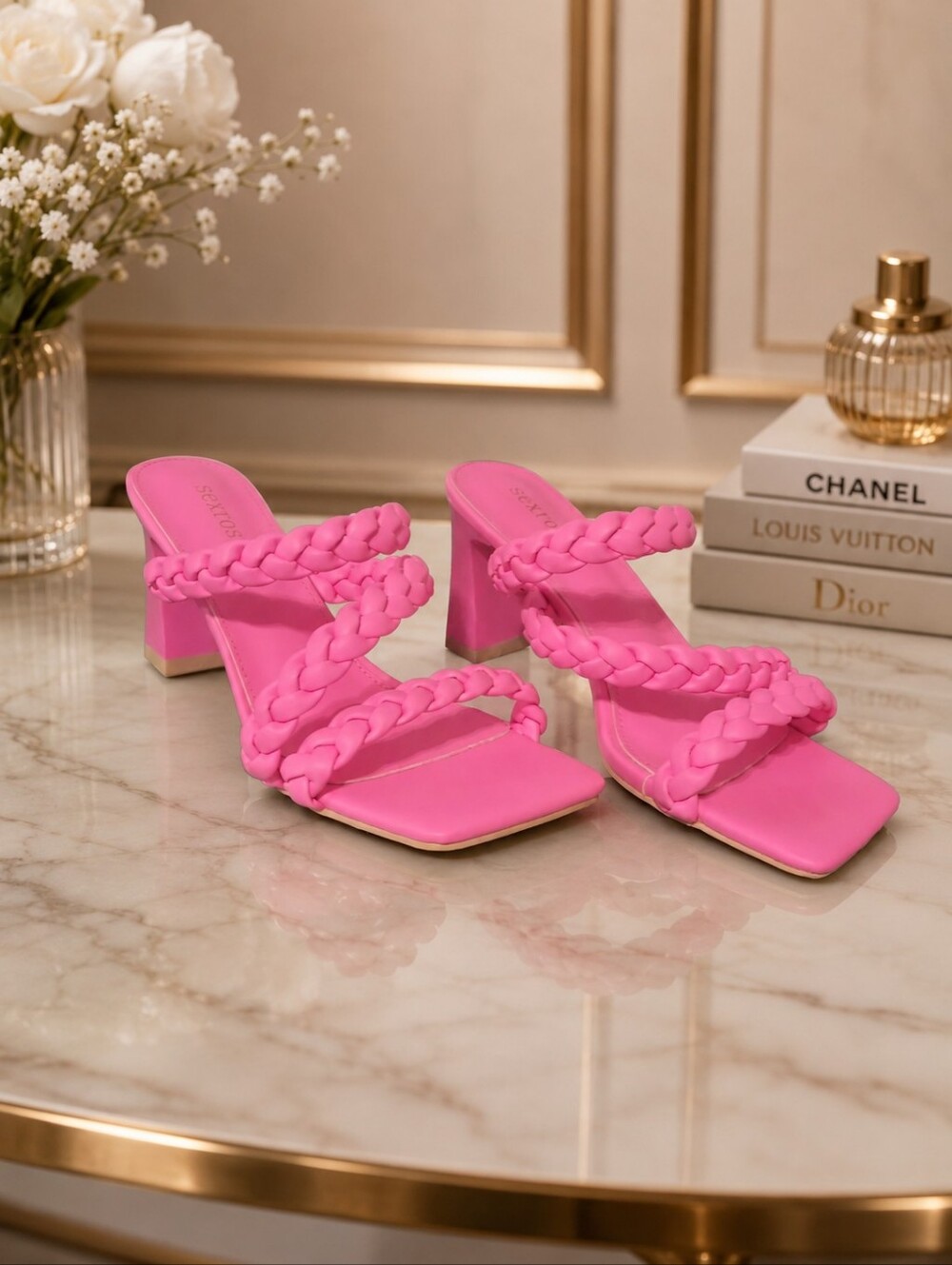 Sexrosly 39/8.5 Braided Strap Block Heel Sandals — Bright Pink